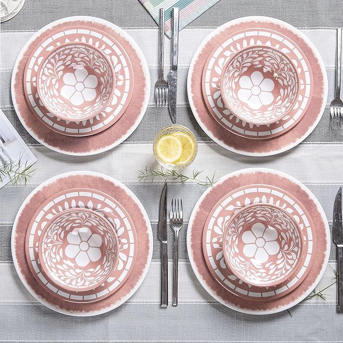 Melamine Dinnerware Sets - 12 Pcs Plates and Bowls Set,Unbreakable Dinner Dishes Set for 4,Lightweight, Dishwasher Safe, BPA Free,Indoor Outdoor use, Pink
