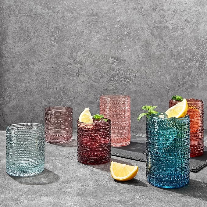 Beaded Hobnail Drinking Glasses Set | Set of 12 | 6x Tumbler 11 OZ + 6x Highball 12 OZ Bubble Design Whiskey Glassware, Old-Fashioned, Embossed Design Glass for Water, Wine, Cocktail HAND WASH ONLY
