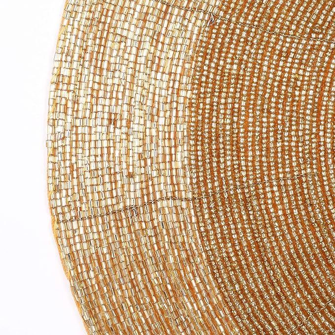 Lightnpro Handmade Beaded Placemats Set of 4 - Round Charger Mats - Farmhouse Style Table Decor for Dining, Wedding, Holiday, and Special Occasions - Elegant Glitz Table Setting - 13 Inch Gold