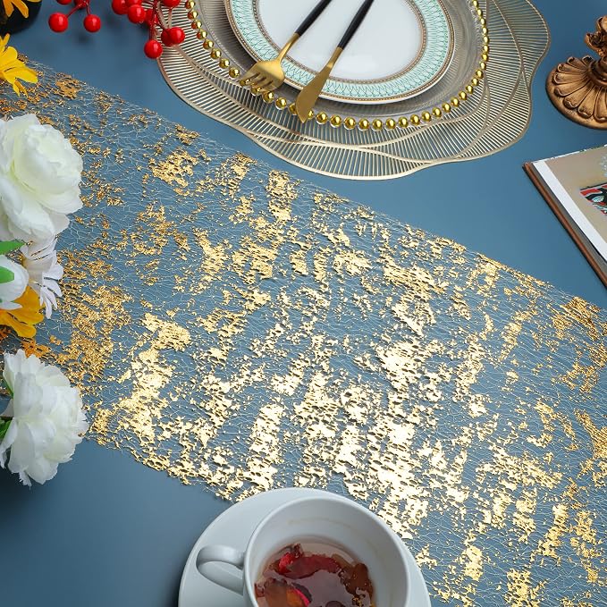 Snowkingdom Glitter Metallic Gold Table Runner 11 Inch x 32 Feet Thin Mesh - Image 2