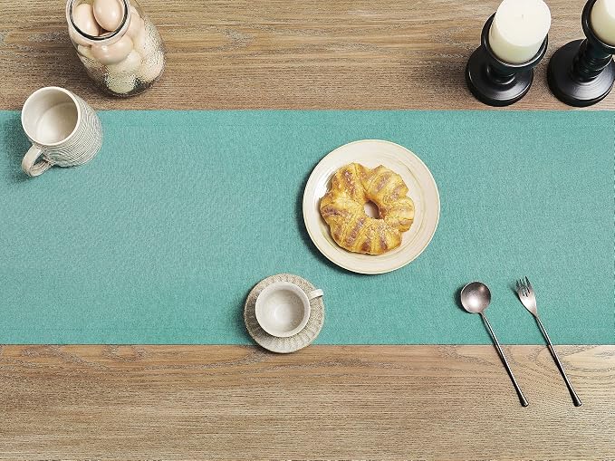 Basic Linen Style Table Runner, 14x48 Inch Teal | Mitered Corner Design - Image 3