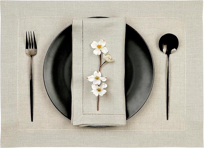 D'Moksha Homes Linen Placemats Set of 8 - Classic Hemstitch Natural Placemats 14 x 19 Inch - 100% Pure Linen Table Mats for Valentines, Spring, Easter - Handcrafted and Machine Washable