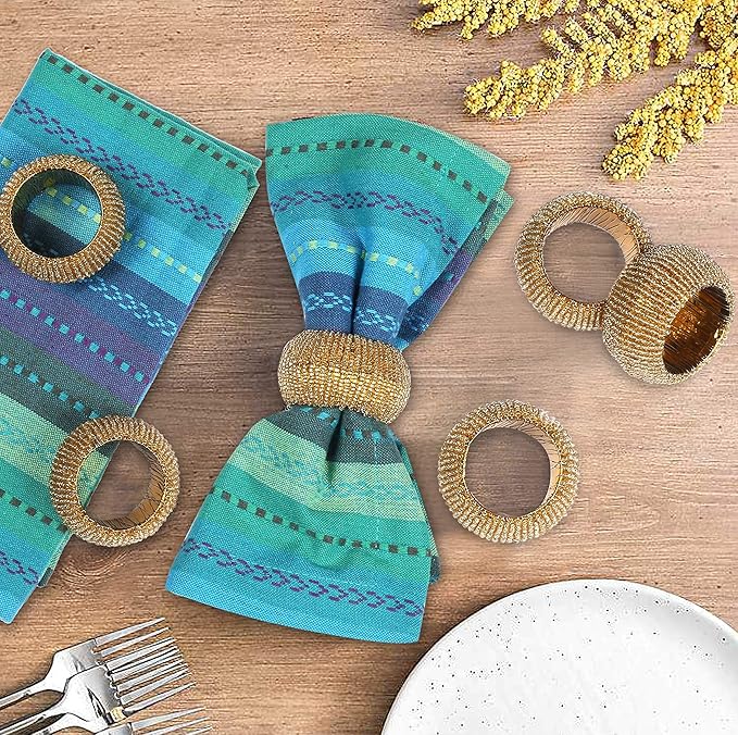 Gold Napkin Ring, Napkin Rings Set of 12, Beaded Napkin Holders, Round Napkin Rings Bulk for Christmas Party Decoration, Dinning Table, Everyday, Family Gatherings - Set Your Table with Style - Gold