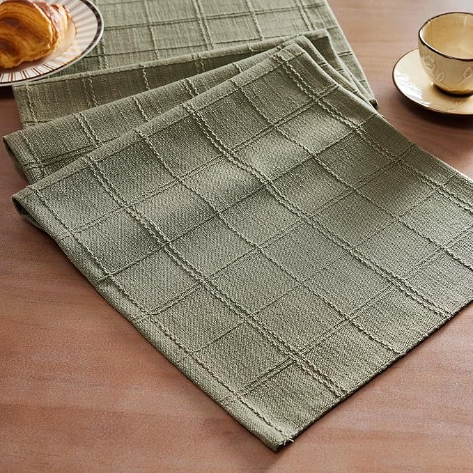Linen Checked Farmhouse Table Runner, 13x90 Inches Olive | Raised Grid Design by ZEEMARTONLINE