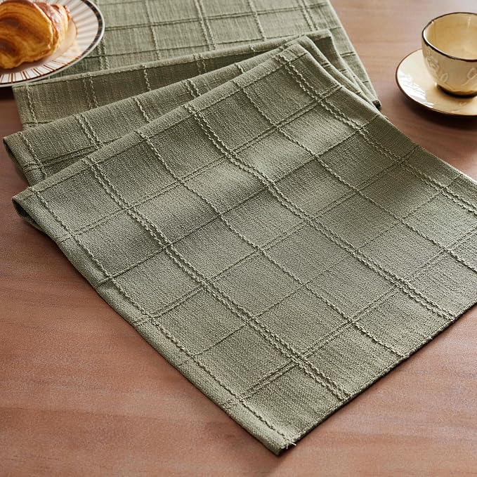Linen Checked Farmhouse Table Runner, 13x108 Inches Olive | Raised Grid Design by ZEEMARTONLINE