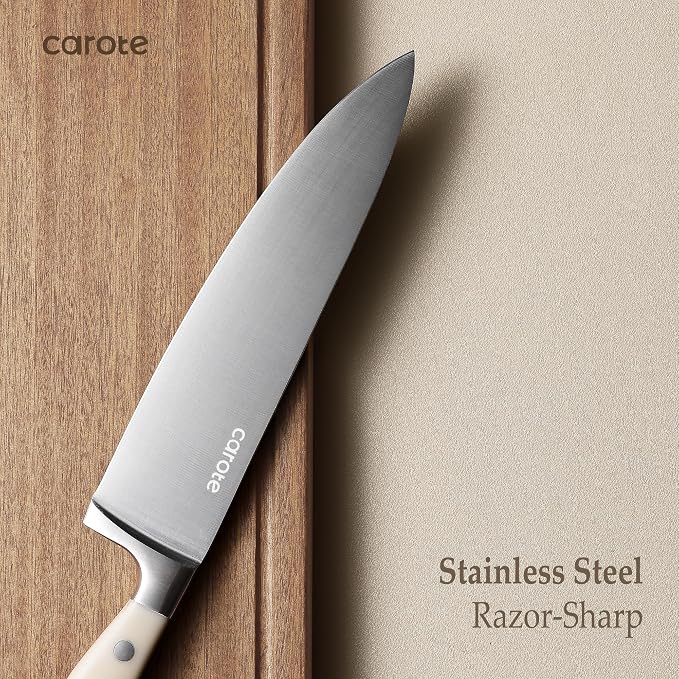 CAROTE 14-Piece Knife Set with Wood Block, Rust-Resistant, Cream | Razor-Sharp - Image 3