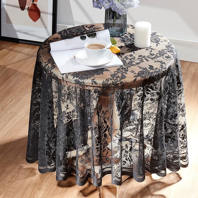 Warm Home Designs 70 Inch Round Tablecloth with English Rose Design. Use as Circle Tablecloth, Rustic Tablecloth or as Elegant Lace Table Cloth. Black Table Clothes for 4-6 Guests. LTC Black 70"