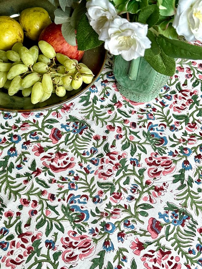 ATOSII Ambrosia 100% Cotton Square Boho Spring Summer Tablecloth, Handblock Floral Table Cloth Linen for Kitchen Dining Parties Wedding Outdoors Easter I 60 X 60 Inches I 4 Seater
