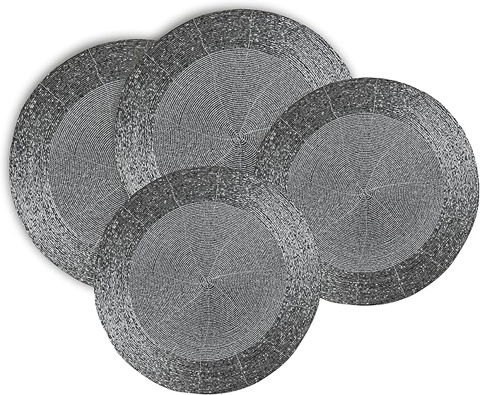Lightnpro Beaded Placemats Set of 4 - Round Table Chargers - Handmade Rustic Glam Dining Table Mats - Elegant Silver Decorative Placemats for Holidays, Parties & Special Events - 13 Inch Mercury