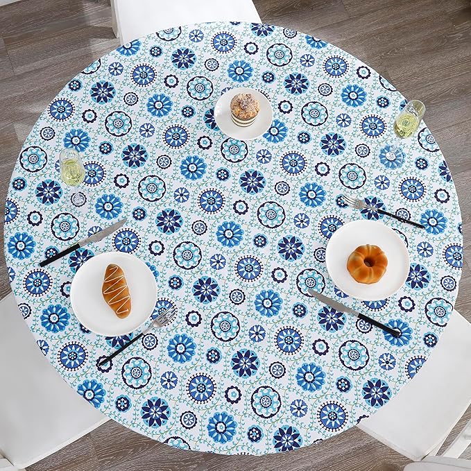 Walrus Round Vinyl Fitted Tablecloth with Flannel Backing Elastic Edge Design Table Cover Waterproof Oil-Proof PVC Table Cloth Stain-Resistant Best for 45"-56" Round