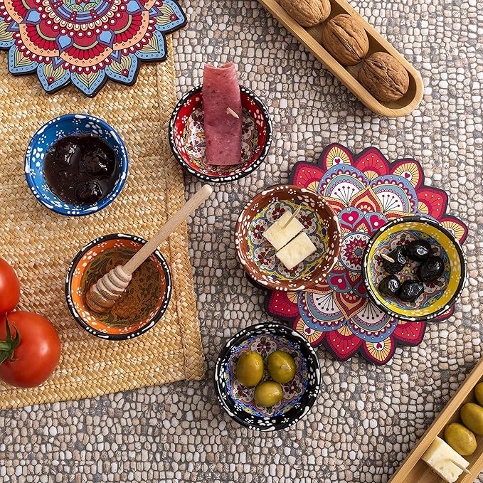 Turkish Ceramic Pinch Bowls Set of 6 – Small Dipping Bowls for Charcuterie Boards, Appetizers, Snacks & Sauces -Handcrafted Turkish Bowl for Serving, Decor & Gifts (3.2”)