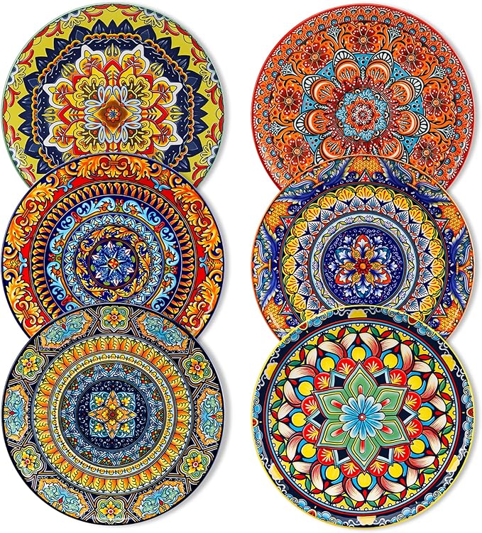vancasso Bohemian Dessert Plates Set of 6, 8.5 Inch Ceramic Salad Plates, Boho Small Dinner Plates, Colorful Printed Kitchen Plate for Breakfast, Microwave & Dishwasher Safe Dishes, Series KRVI