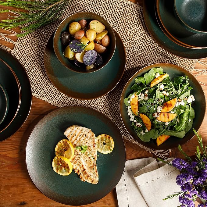 Bloomhouse - Two Time Oprah's Favorite Things Winner - Palermo Sun Double Bowl Stoneware Reactive Glaze Plates and Bowls Dinnerware Set - Agave Blue, Service for Four (16pcs)