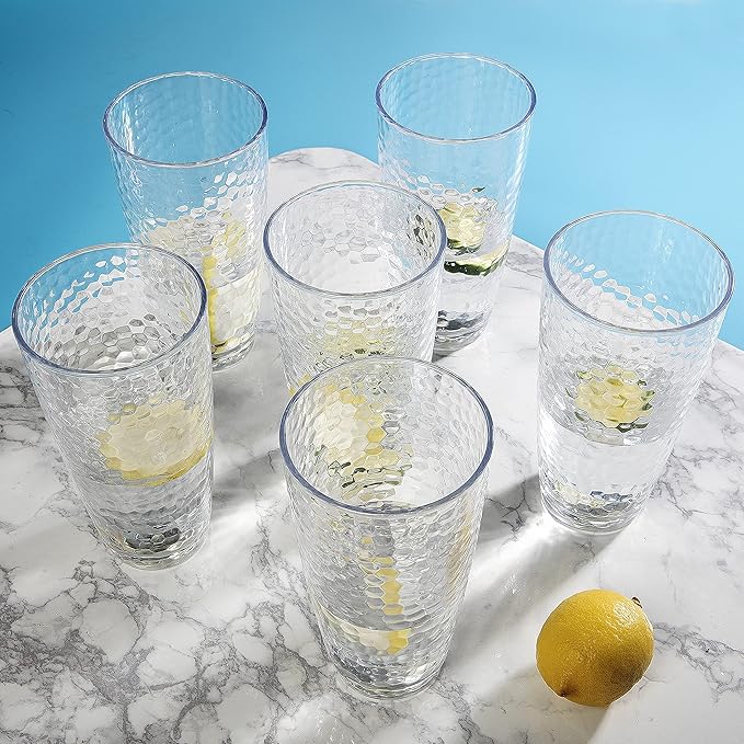 Unbreakable Plastic Tumbler Cups, Set of 6, Large Water Tumbler Set, 25 oz Highball Drinking Glasses (Clear)