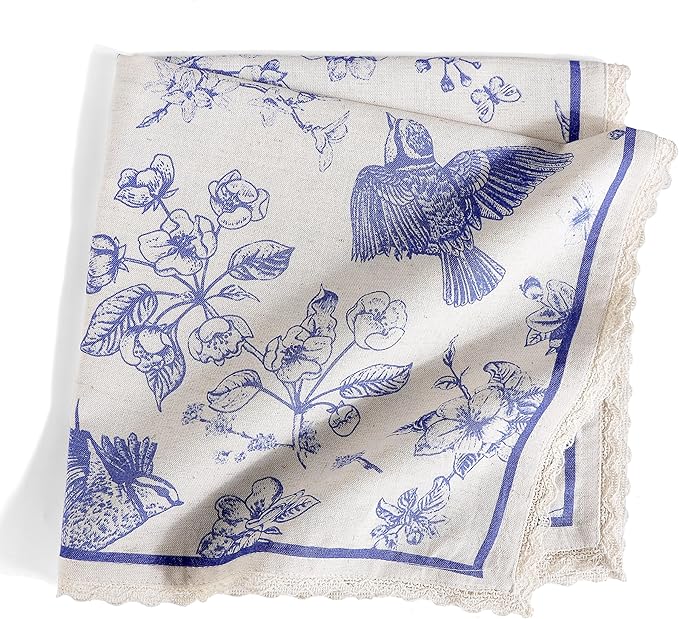 FINGERCRAFT Dinner Cloth Napkins Cotton Blend Set of 12 Blue Bird Premium Quality Mitered Corner with Natural Lace for Home Rastaurant Wedding Christmas Napkins Cloth 20 inch Toile Lace