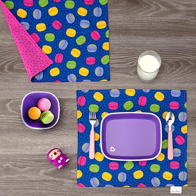 Funkins Reusable Cloth Placemats for Kids & Lunch Boxes | Reusable, Eco-Friendly | 15"x13", 2-ply, Thick, Absorbent, Machine Washable | Set of 2 Placemats (Macarons)