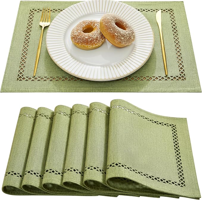 Farmhouse Burlap Hollow Placemats Set of 6, 12 x18 Inch Sage Green | Double by Aoztio