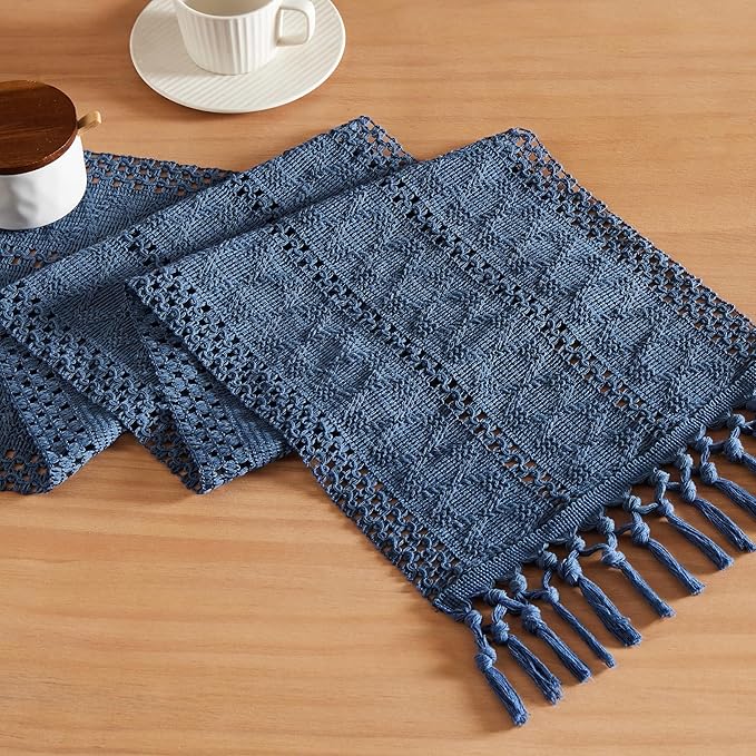 Macrame Style Boho Table Runner, 12x48 Inch Dusty Blue | Woven Boho Table Runner by ZEEMARTONLINE