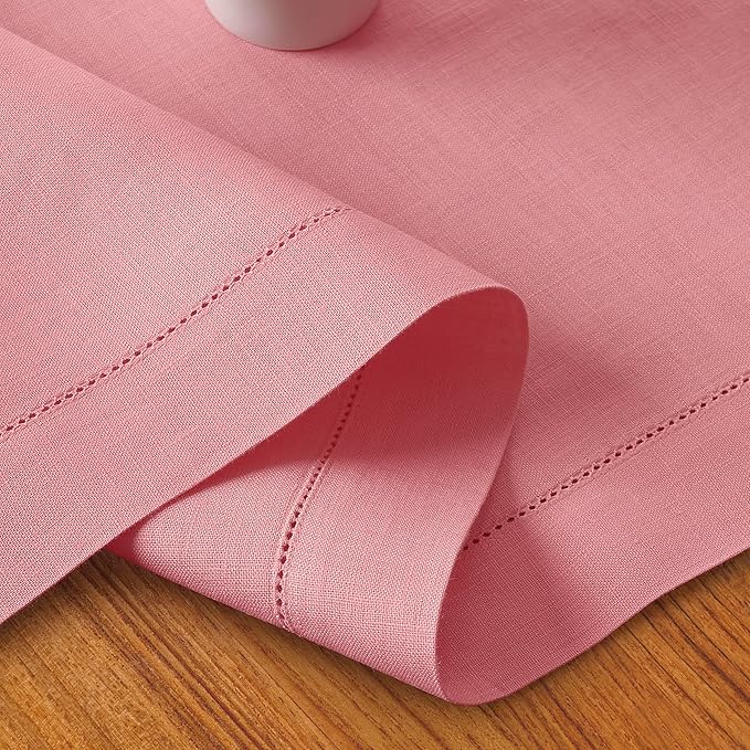 D'Moksha Homes Linen Dusty Pink Table Runner 90 Inches Long - Classic Hemstitch 100% Pure Linen Dining Table Runner 14 x 90 Inch for Valentines, Spring, Easter