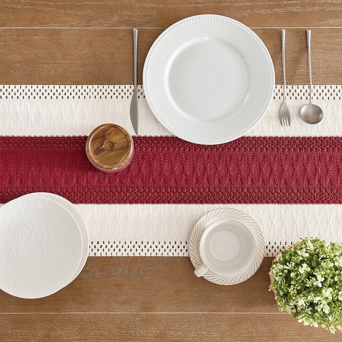 Macrame Style Bicolor Stitching Table Runner 14x48in Red | Woven Boho Table - Image 5