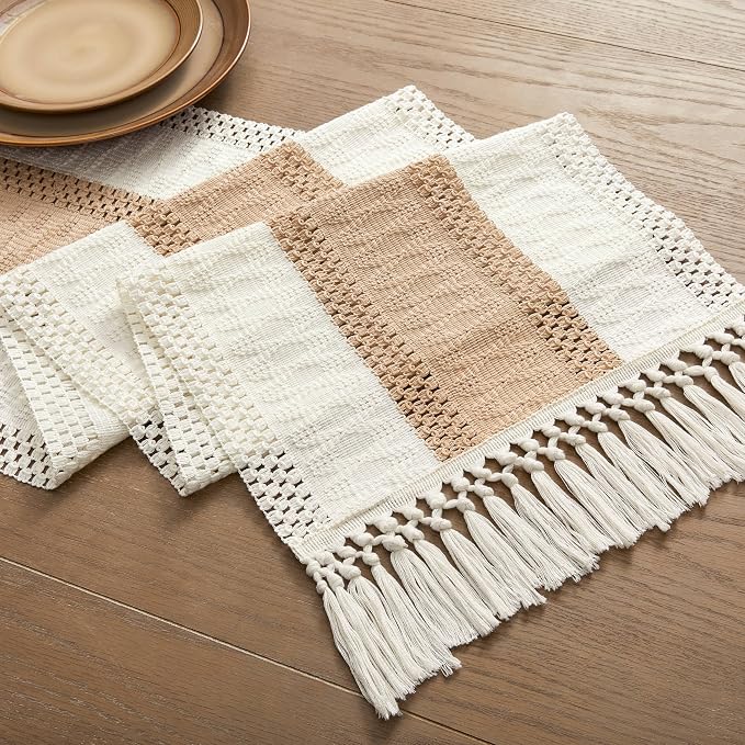 Macrame Style Bicolor Stitching Table Runner 14x36in Beige | Woven Boho Table - Image 7