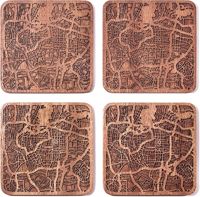 Guangzhou Map Coaster by O3 Design Studio, Set Of 4, Sapele Wooden Coaster With City Map, Handmade