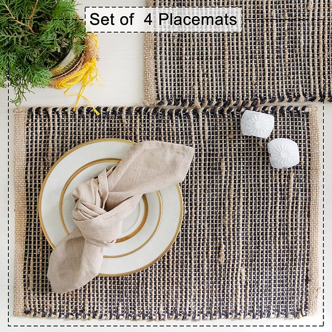 Natural Jute & Black Placemats, 13x19 Inch Dining Table Placemats - Image 4