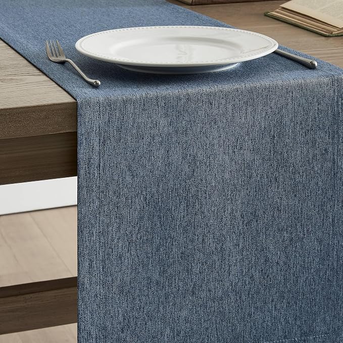 Basic Linen Style Table Runner, 14x60 Inch Navy Blue | Mitered Corner Design - Image 4