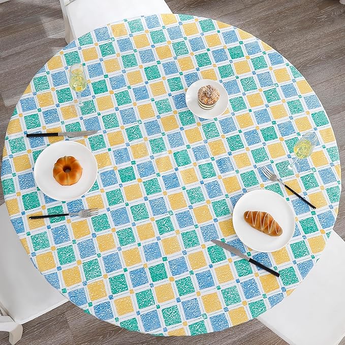 Walrus Round Vinyl Fitted Tablecloth with Flannel Backing Elastic Edge Design Table Cover Waterproof Oil-Proof PVC Table Cloth Stain-Resistant Best for 57"-66" Round