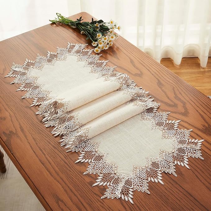 Natural Linen Table Runner 60 inches Beige Lace Coffee Table Runners | French - Image 4