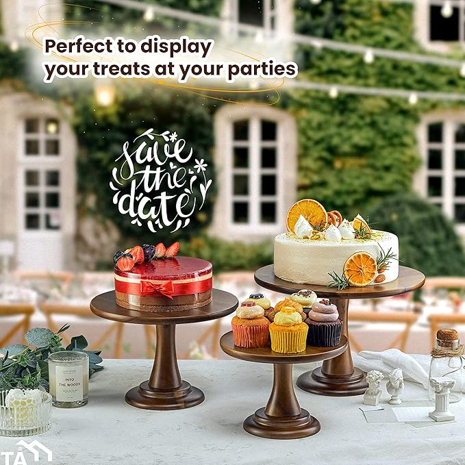 Set of 3 Acacia Wood Cake Stand Set – Wooden Rustic Farmhouse Cupcake Stand - Wedding and Birthday Decorating Cake Pedestal Stand - Dessert Display Serving Use at Parties, Restaurants, Birthday