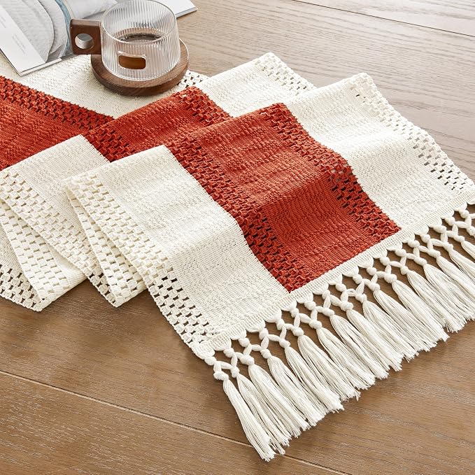 Macrame Style Bicolor Stitching Table Runner 14x90in Orange | Woven Boho Table - Image 7