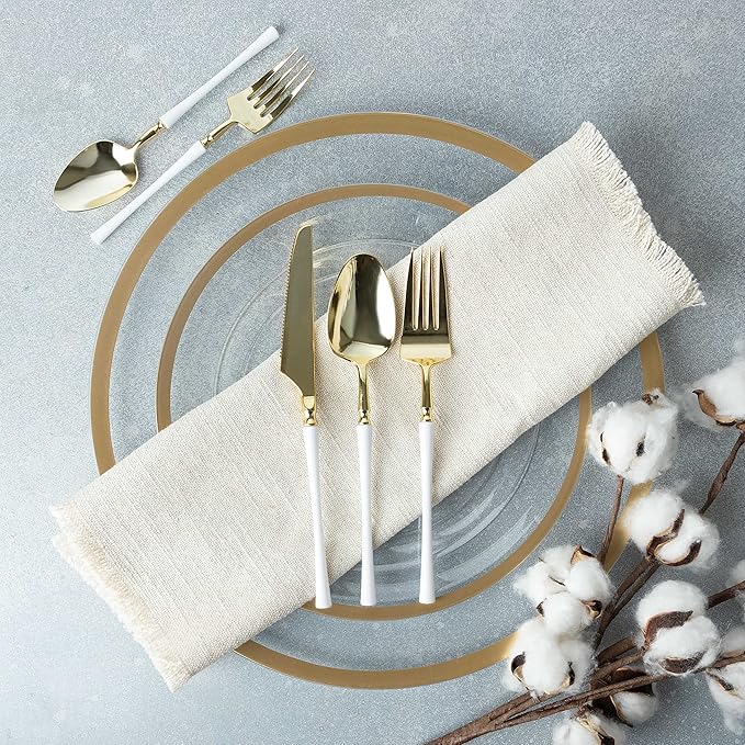 PlasticPro 20 Count Gold and White Plastic Salad Forks Premium Quality Heavy Duty Disposable Elegant Silverware Two Tone Salad Forks for Party