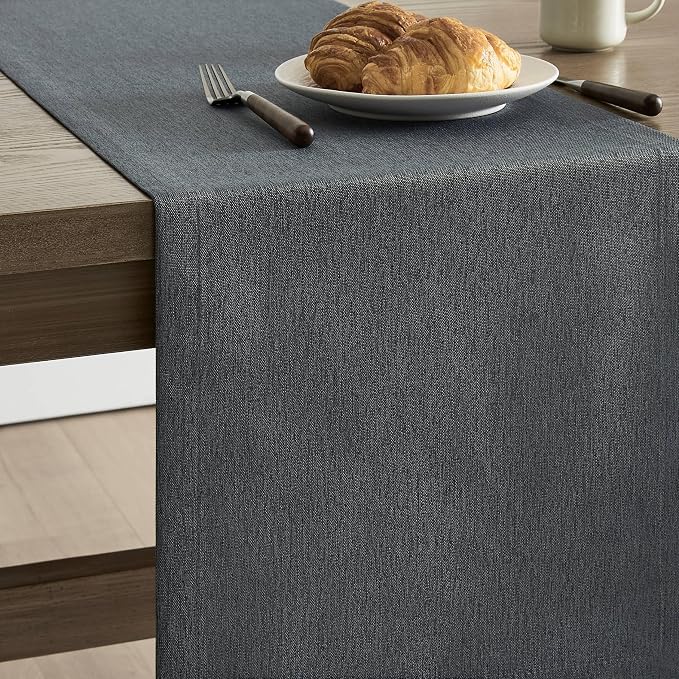 Basic Linen Style Table Runner, 14x48 Inch Charcoal | Mitered Corner Design - Image 4