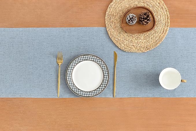 Wracra Linen Table Runner, Burlap Dusty Blue Table Runners 90 Inches Long | - Image 2