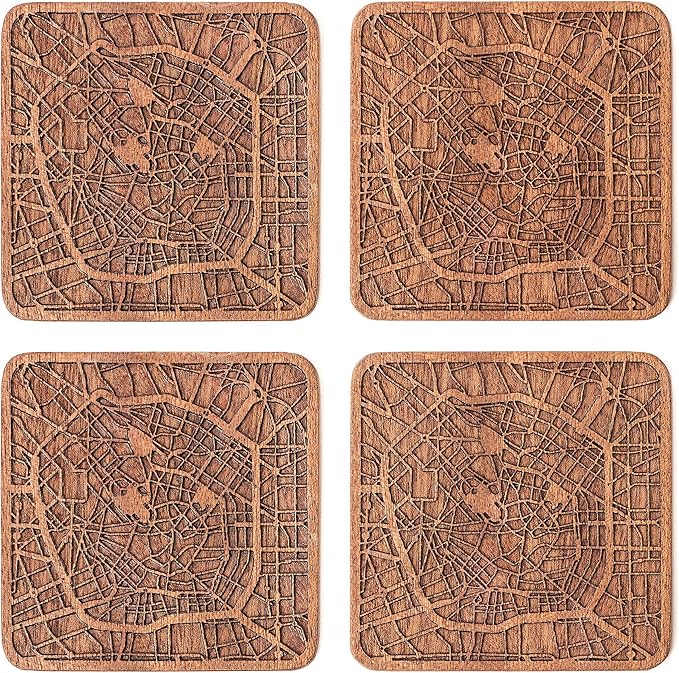 Milan Map Coaster by O3 Design Studio, Set Of 4, Sapele Wooden Coaster With City Map, Handmade