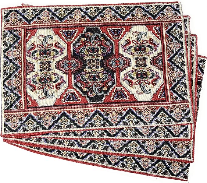 DaDa Bedding Majestic Red Kilim Rug Dining Table Placemats - Set of 4-Pieces Tapestry Cotton Kitchen Mats Royal Persian Tradtional Design - Elegant Intricate Multi-Colorful Floral Ornate - 13” x 19”