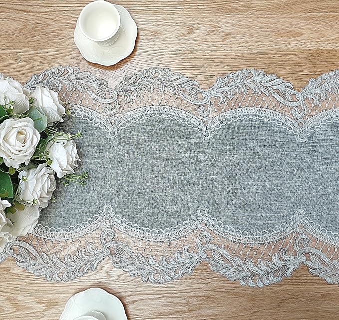 Elegant Vintage Lace Table Runner 98 inches Long Grey Silver - Image 5